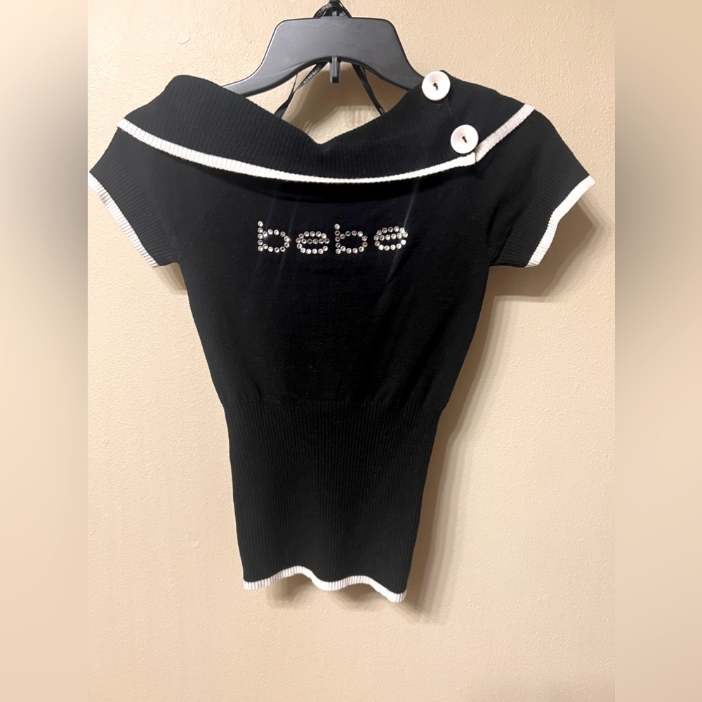 Bebe Logo Swarovski Crystal Wide Neck Sweater Black Medium NWT